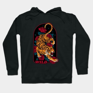 Japanese Wild Tiger with Rose Background Hoodie